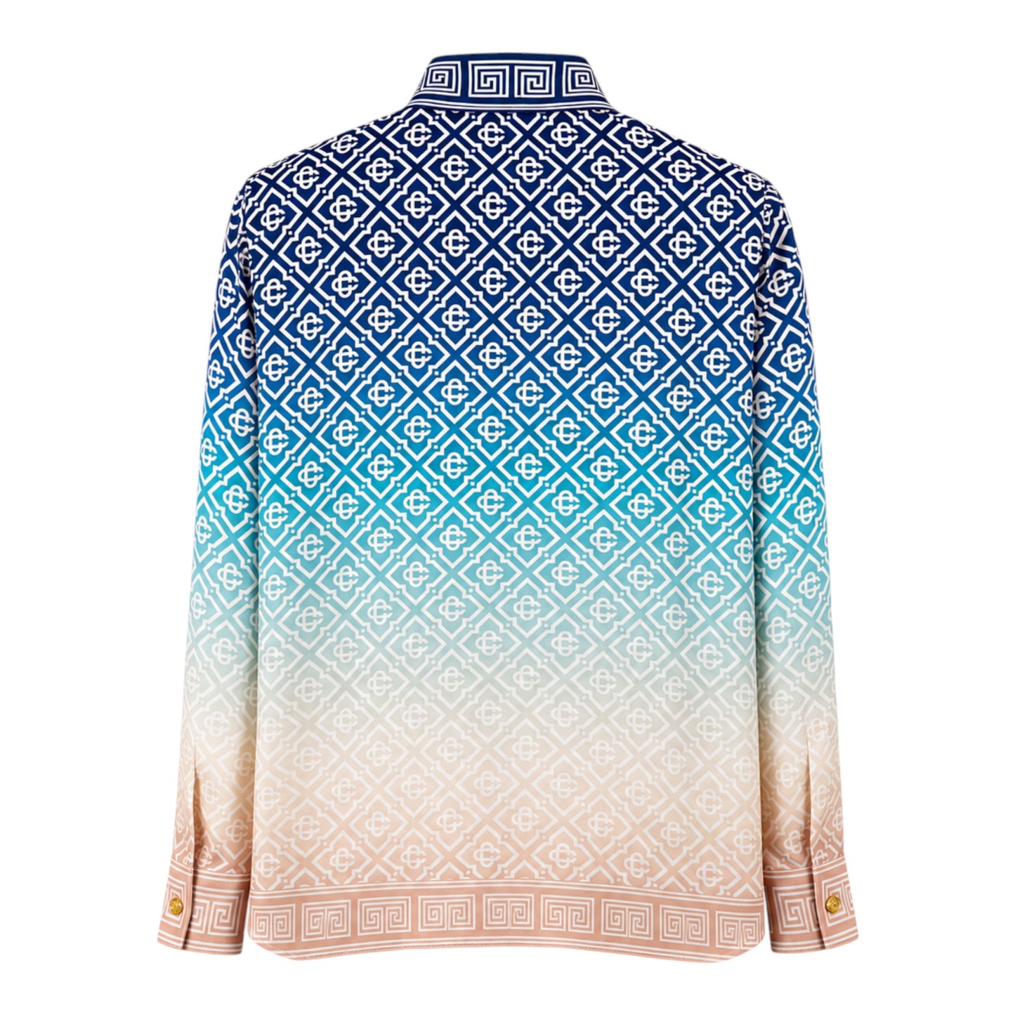 OFFCODE.USA Casablanca Jacquard Gradient Long Sleeve Silk Shirt with geometric pattern and gold buttons.