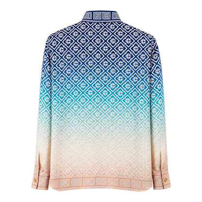 OFFCODE.USA Casablanca Jacquard Gradient Long Sleeve Silk Shirt with geometric pattern and gold buttons.