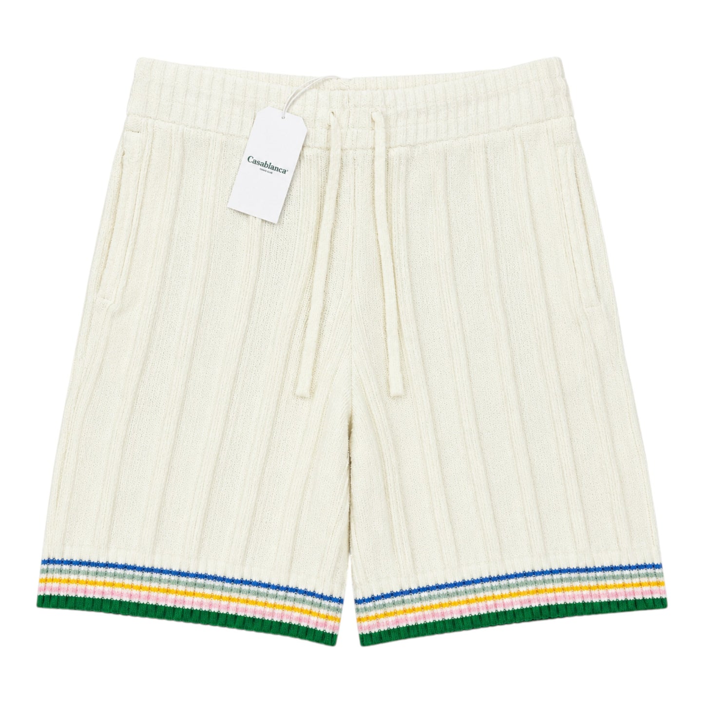 OFFCODE.USA Casablanca cream knit drawstring shorts with ribbed texture and colorful stripe detail at hem.
