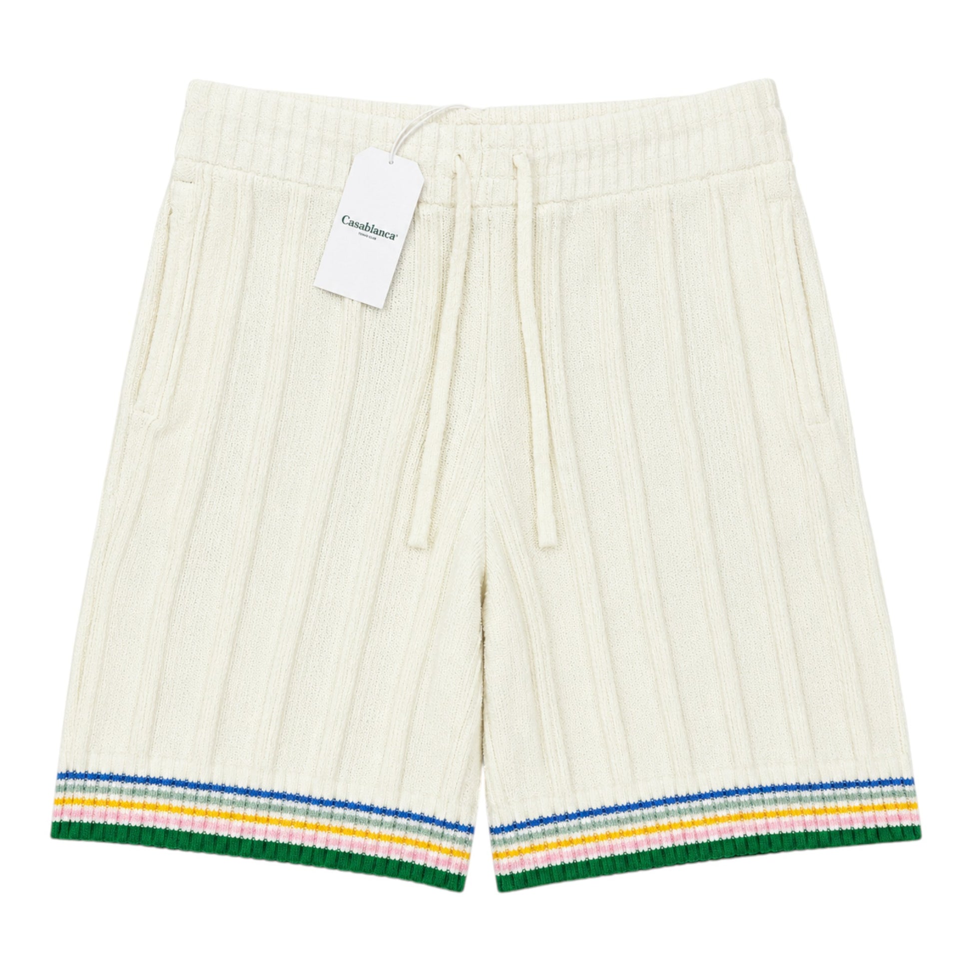 OFFCODE.USA Casablanca cream knit drawstring shorts with ribbed texture and colorful stripe detail at hem.