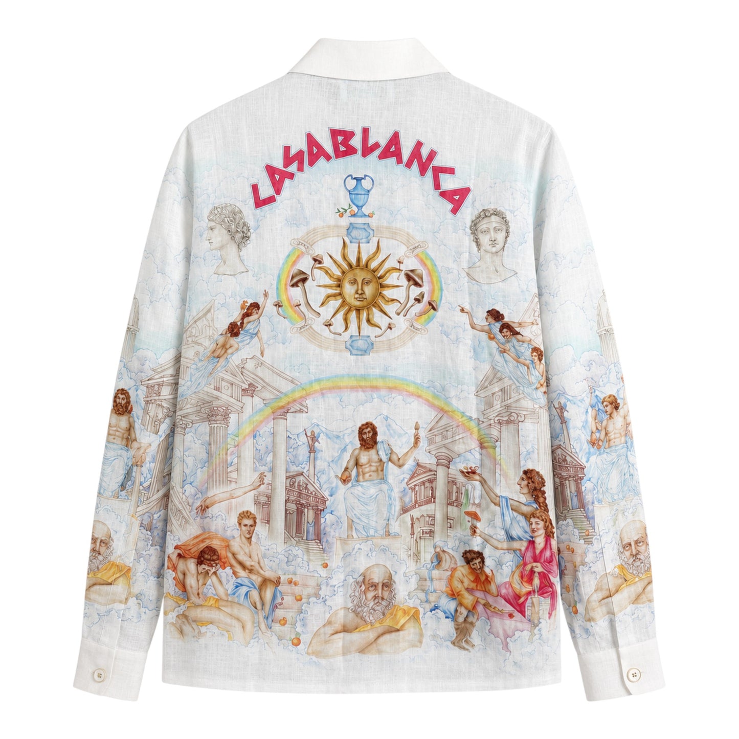 OFFCODE.USA Casablanca Le Temple Du Savoir linen shirt with a vibrant, artistic print featuring mythological figures, architecture, and a sun motif.