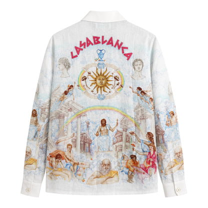 OFFCODE.USA Casablanca Le Temple Du Savoir linen shirt with a vibrant, artistic print featuring mythological figures, architecture, and a sun motif.