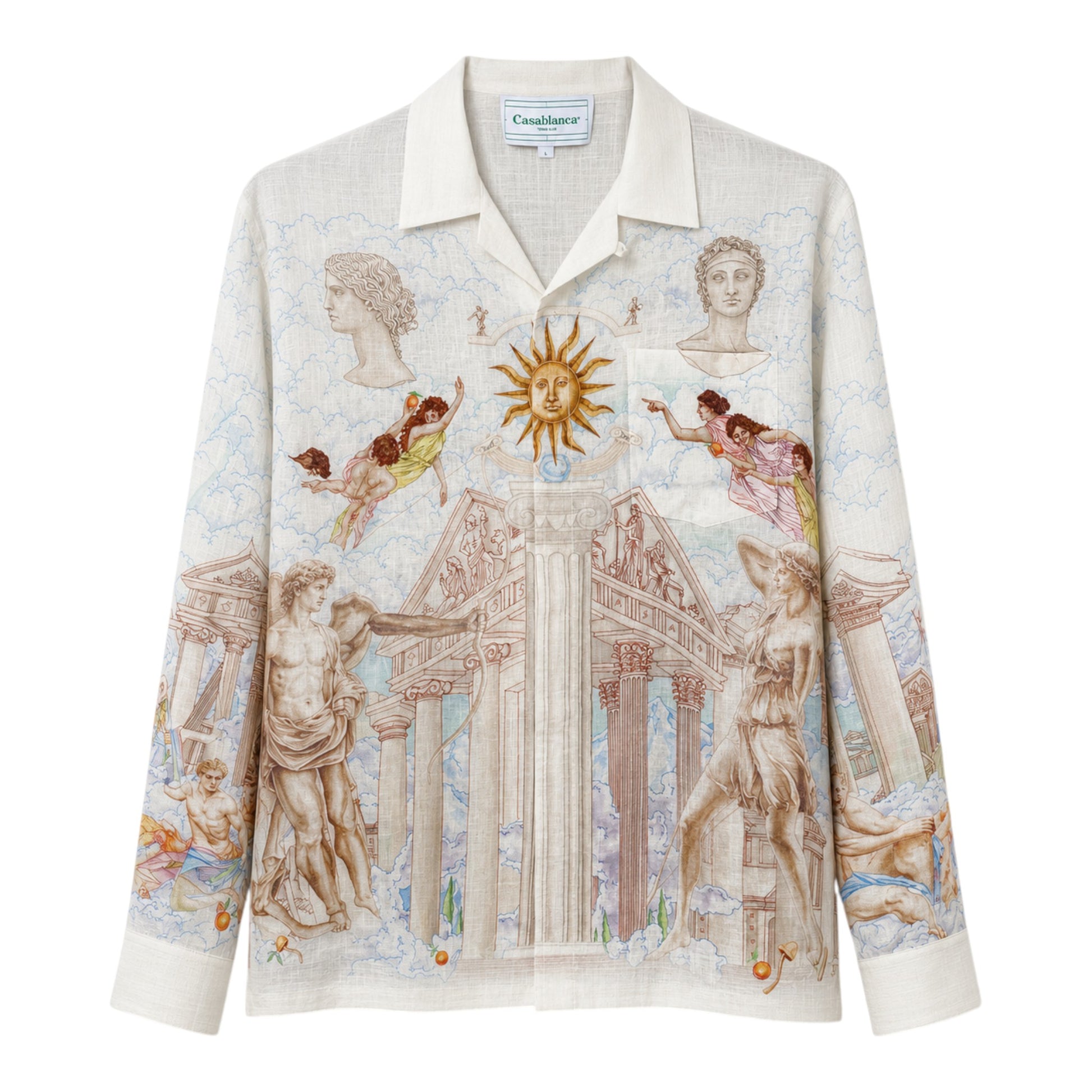 OFFCODE.USA Casablanca Le Temple Du Savoir linen shirt with a Renaissance art print featuring mythological figures, sun, and architecture.