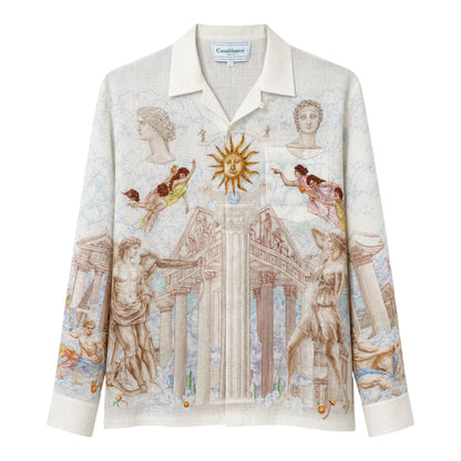 OFFCODE.USA Casablanca Le Temple Du Savoir linen shirt with a Renaissance art print featuring mythological figures, sun, and architecture.