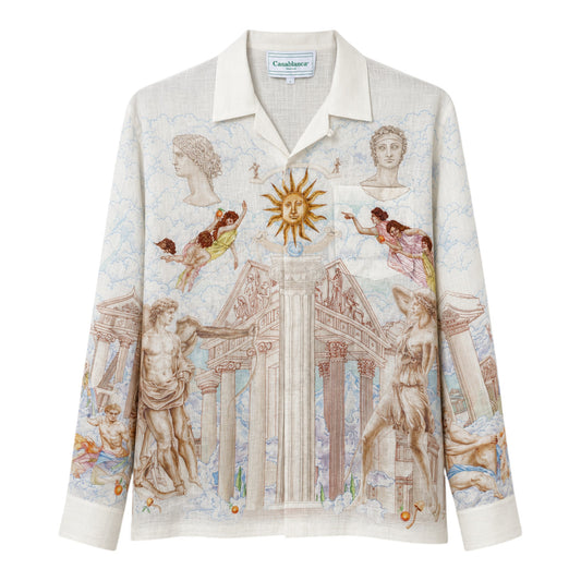 OFFCODE.USA Casablanca Le Temple Du Savoir linen shirt with a Renaissance art print featuring mythological figures, sun, and architecture.