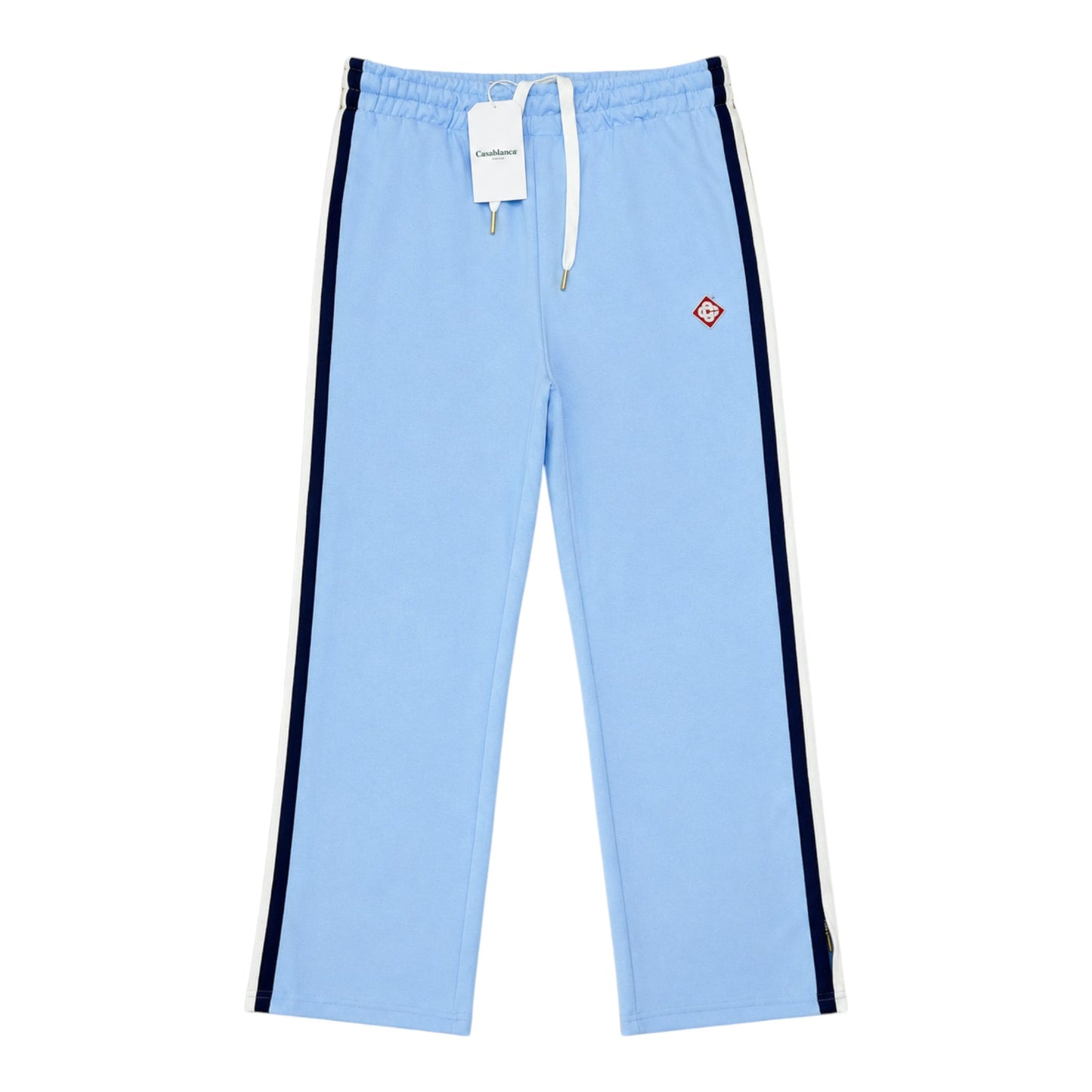 OFFCODE.USA Casablanca men's light blue track pants with white and navy side stripes and embroidered logo.