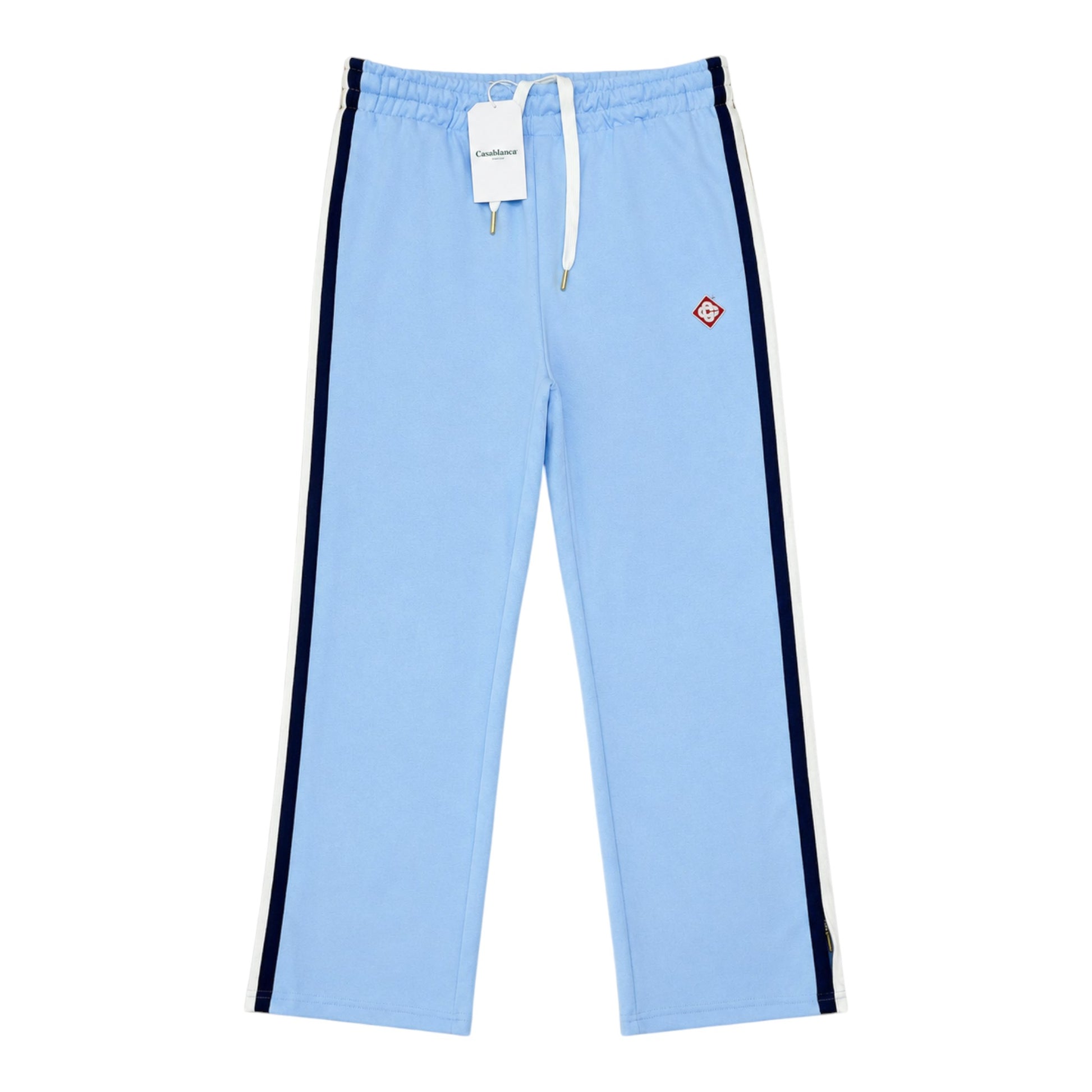 OFFCODE.USA Casablanca men's light blue track pants with white and navy side stripes and embroidered logo.