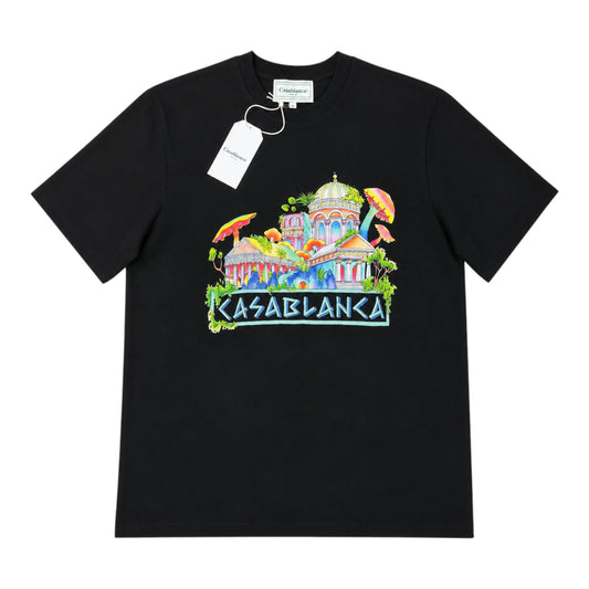 OFFCODE.USA black cotton t-shirt with colorful Casablanca 'The Road To Knowledge' graphic print and text.