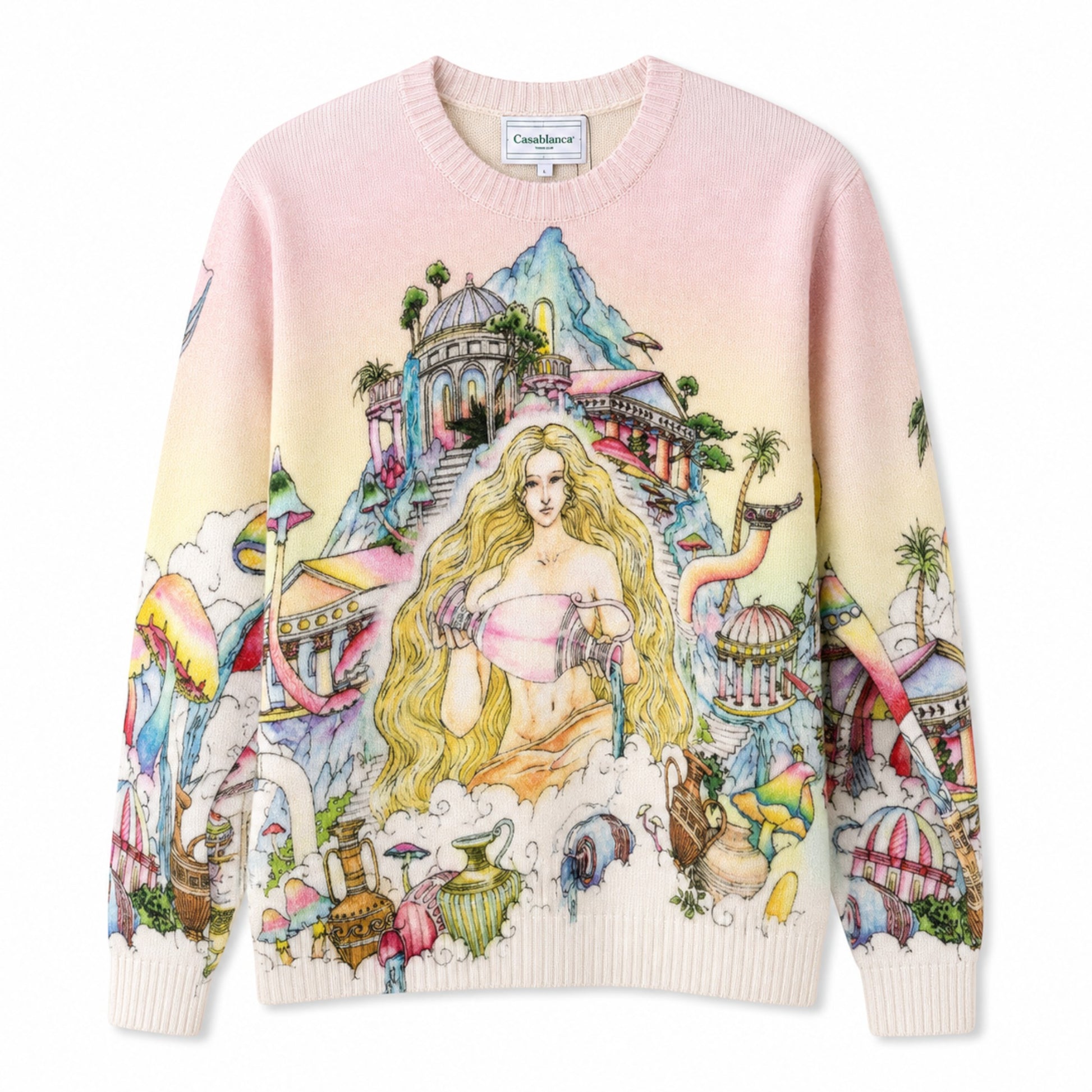 OFFCODE.USA Casablanca The Road to Knowledge Jumper, a pink and yellow gradient knit sweater with a detailed mythological illustration.