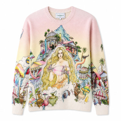 OFFCODE.USA Casablanca The Road to Knowledge Jumper, a pink and yellow gradient knit sweater with a detailed mythological illustration.