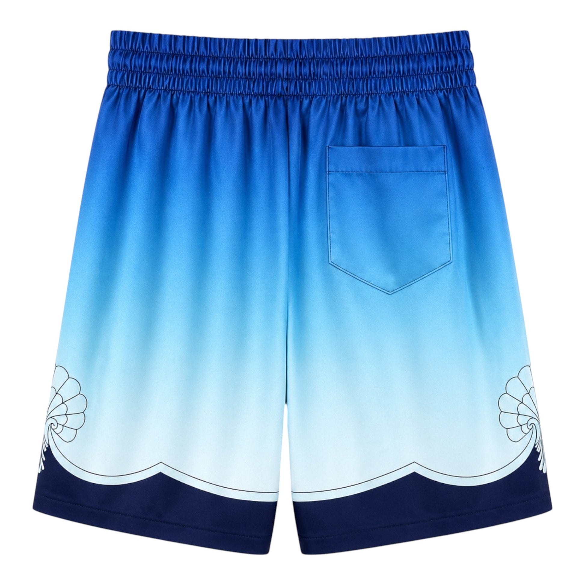 OFFCODE.USA Casablanca Silk Archway Place Vendome Shorts in blue gradient with wave and shell details.