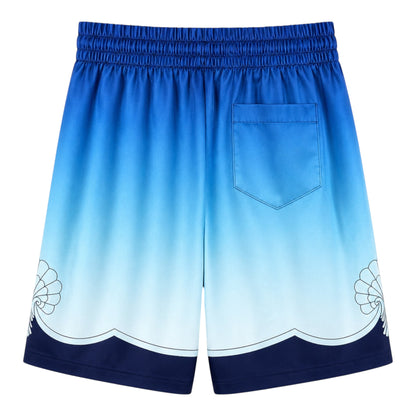 OFFCODE.USA Casablanca Silk Archway Place Vendome Shorts in blue gradient with wave and shell details.