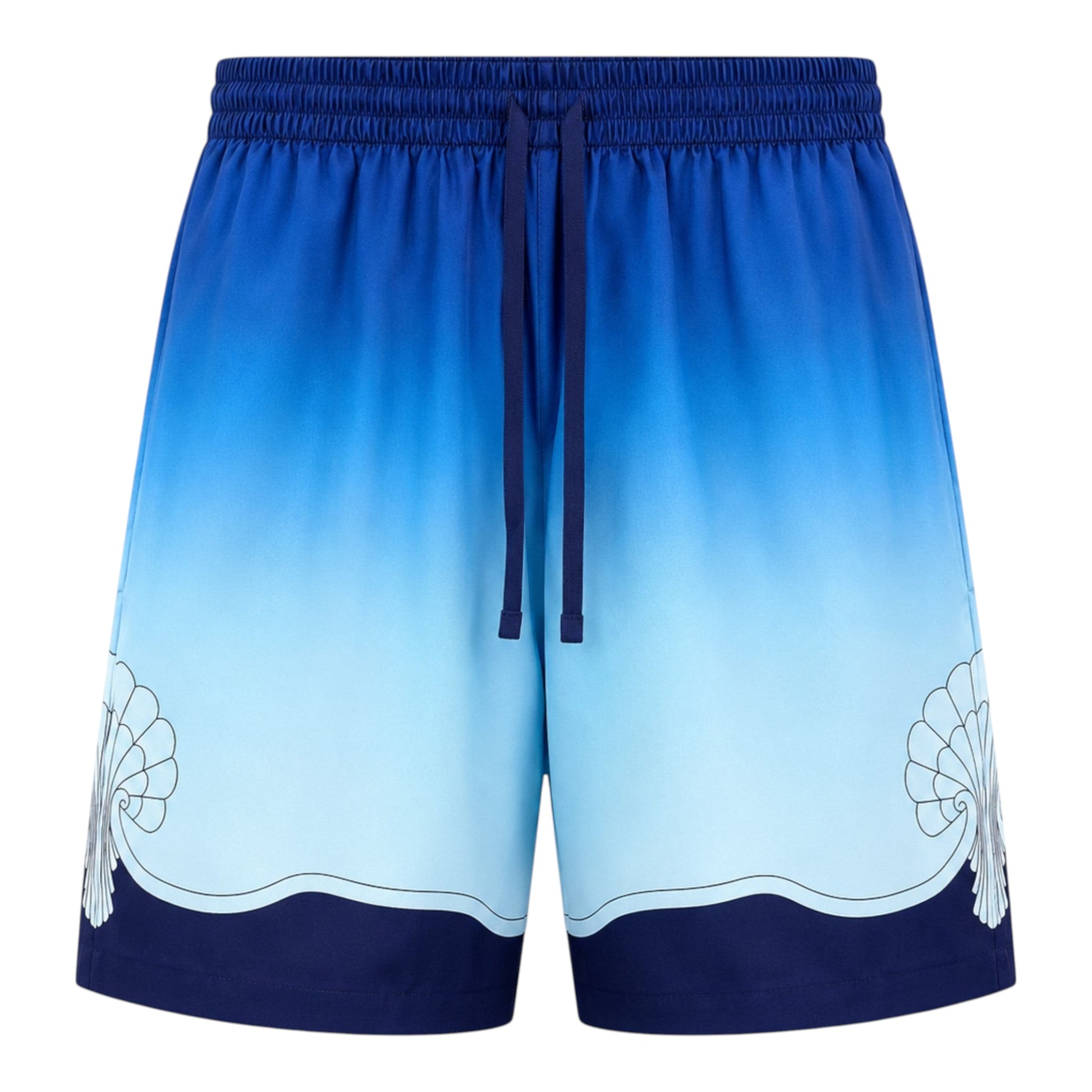 OFFCODE.USA Casablanca Silk Archway Place Vendome Shorts in blue gradient with shell detail.