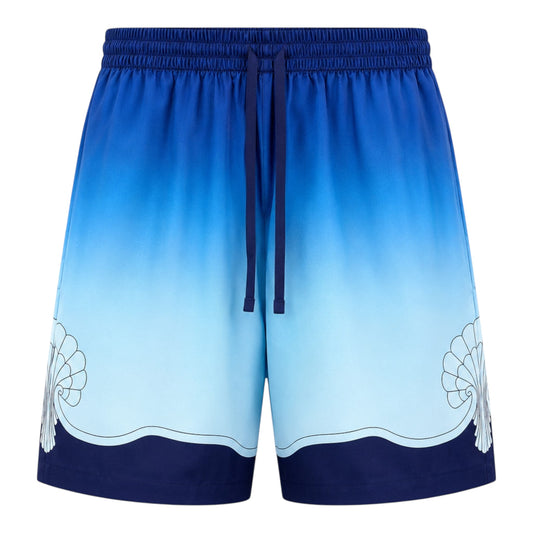 OFFCODE.USA Casablanca Silk Archway Place Vendome Shorts in blue gradient with shell detail.