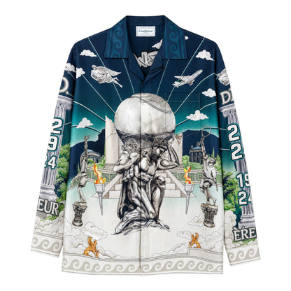 OFFCODE.USA Casablanca Le Temple Du Sport silk shirt with a graphic print of Atlas holding a globe, classical architecture, and flying figures.