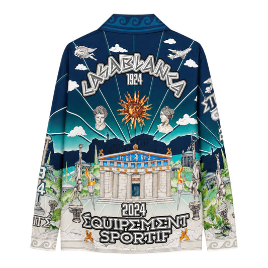 OFFCODE.USA Casablanca Le Temple Du Sport Silk Shirt with a vibrant blue, green, and white graphic print featuring ancient Greek architecture, statues, sun, and planes.