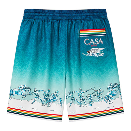 OFFCODE.USA Casablanca La Déesse Du Stade silk shorts with a gradient blue pattern and athletic figures along the hem.