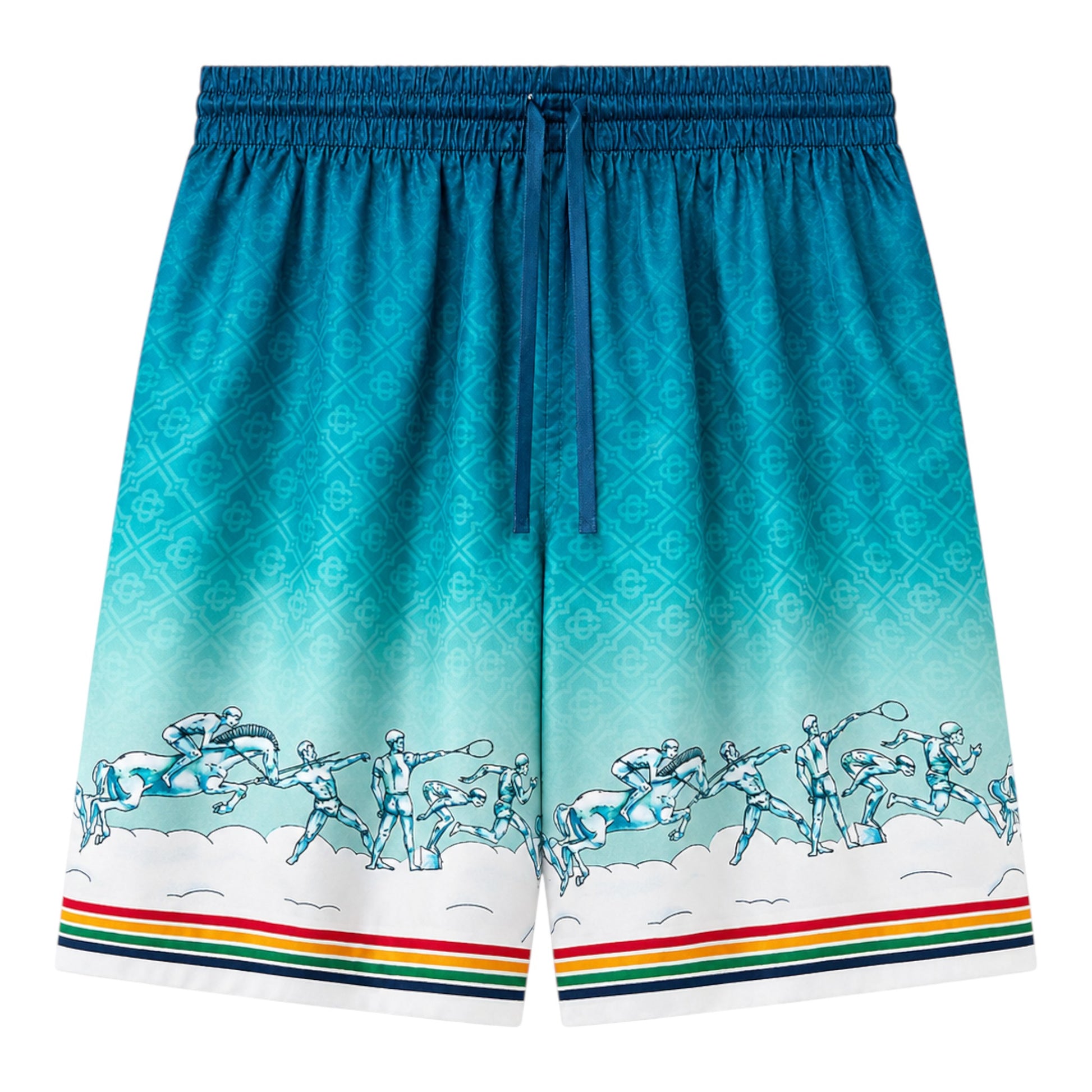 OFFCODE.USA Casablanca La Déesse Du Stade silk shorts in turquoise with a gradient pattern and athletic figures. Features a drawstring waist and striped hem.