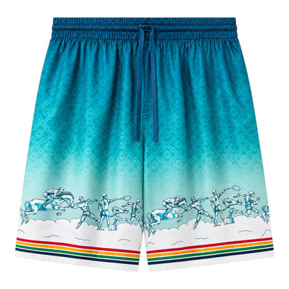 OFFCODE.USA Casablanca La Déesse Du Stade silk shorts in turquoise with a gradient pattern and athletic figures. Features a drawstring waist and striped hem.