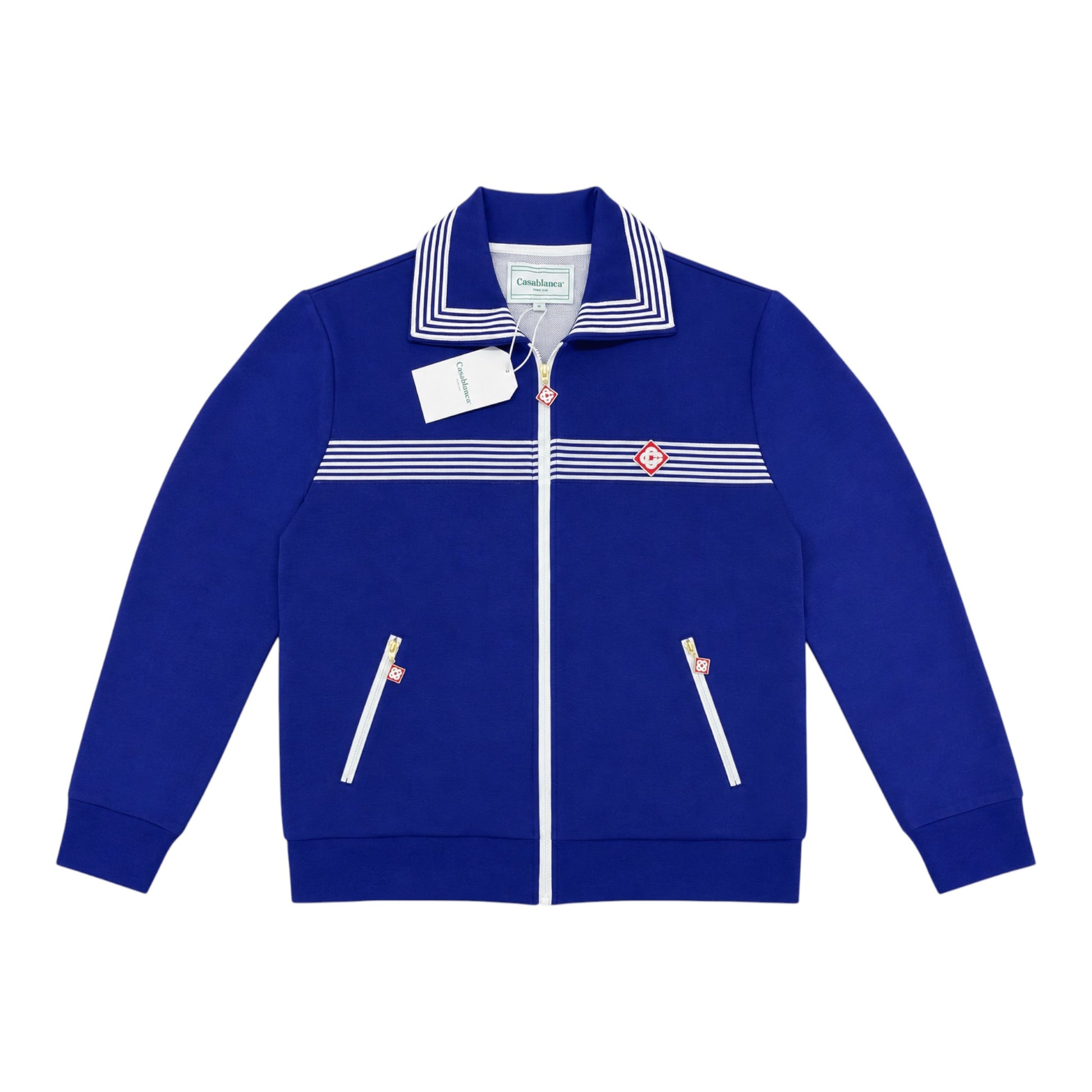 OFFCODE.USA Casablanca striped sailor-collar track jacket in royal blue with white trim and zipper.