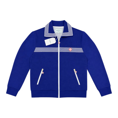 OFFCODE.USA Casablanca striped sailor-collar track jacket in royal blue with white trim and zipper.