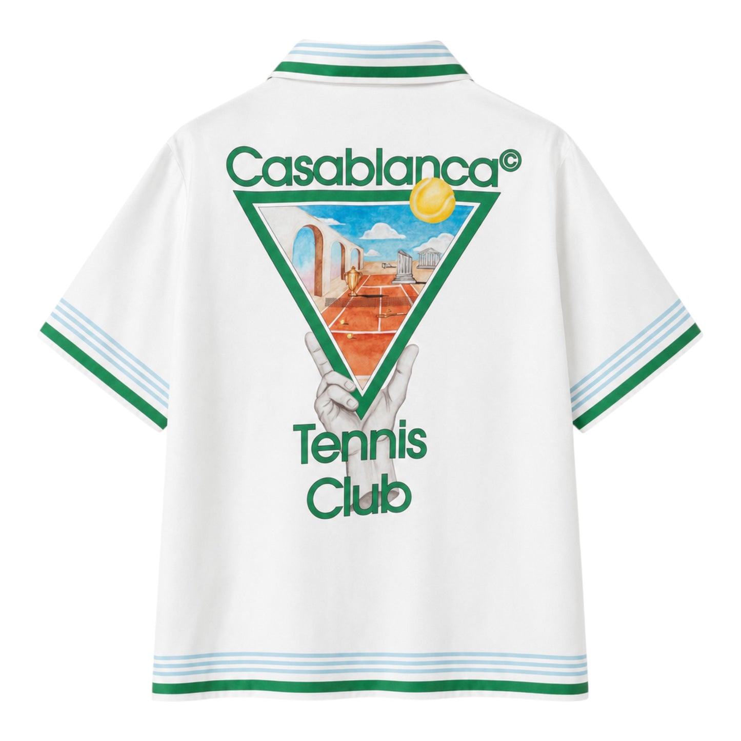 OFFCODE.USA Casablanca Tennis Club Icon Silk Shirt with green and blue striped collar and cuffs.