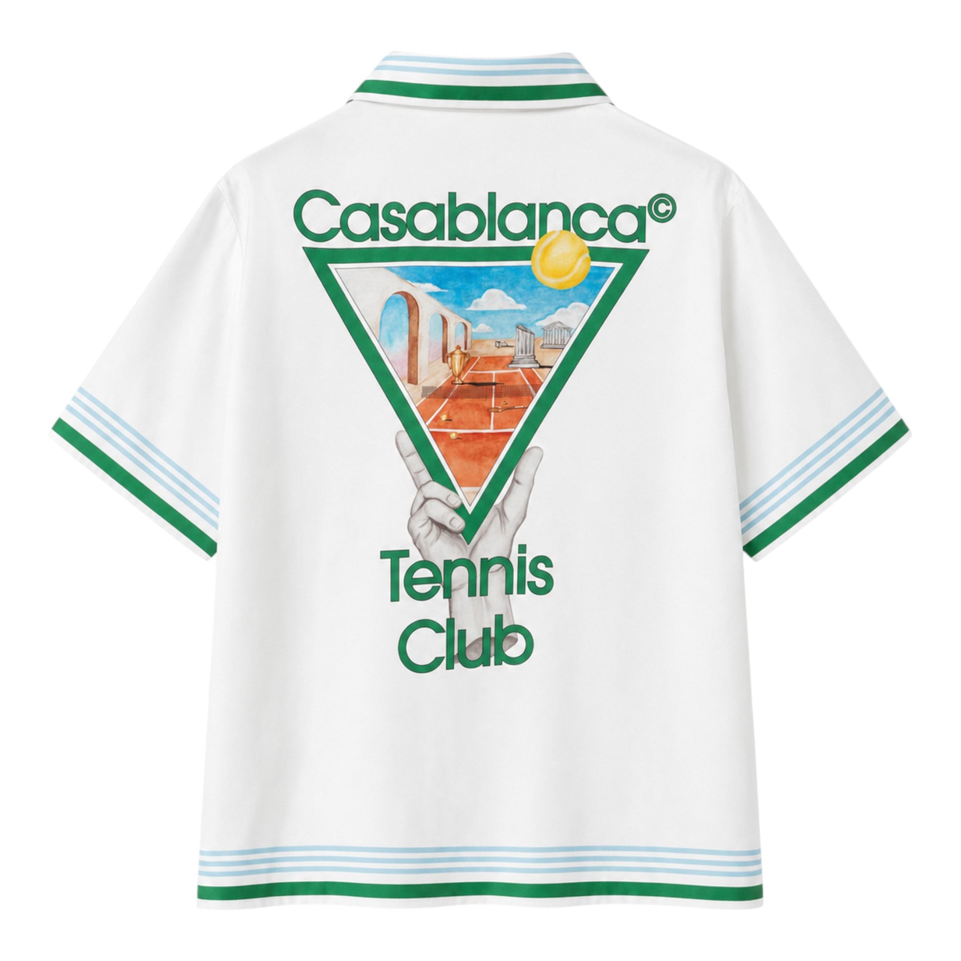 OFFCODE.USA Casablanca Tennis Club Icon Silk Shirt with green and blue striped collar and cuffs.