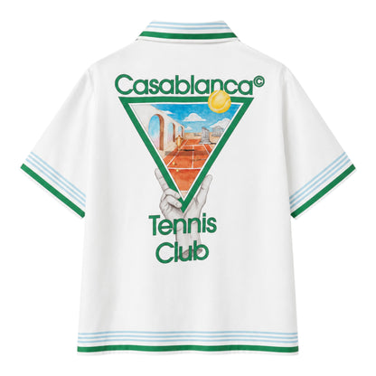 OFFCODE.USA Casablanca Tennis Club Icon Silk Shirt with green and blue striped collar and cuffs.