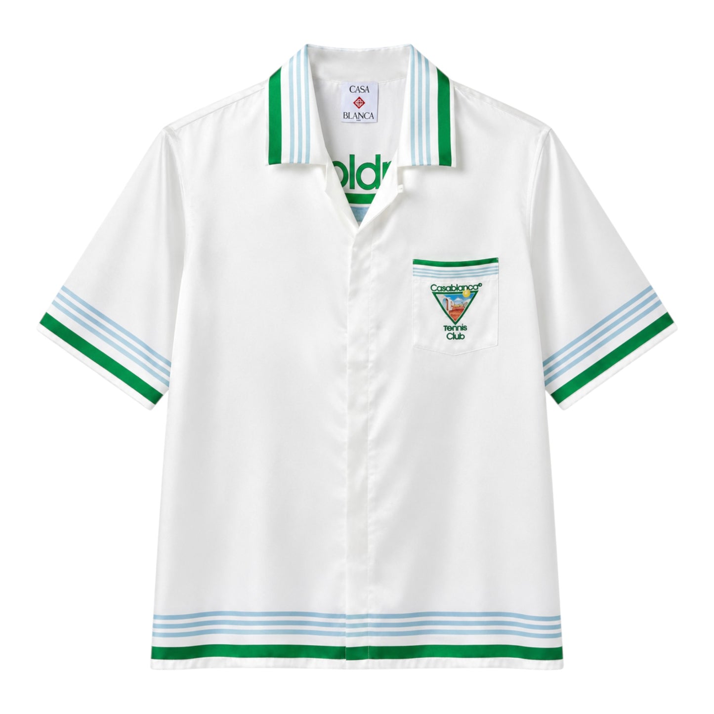 OFFCODE.USA Casablanca Tennis Club silk shirt with green and blue striped collar and cuffs.