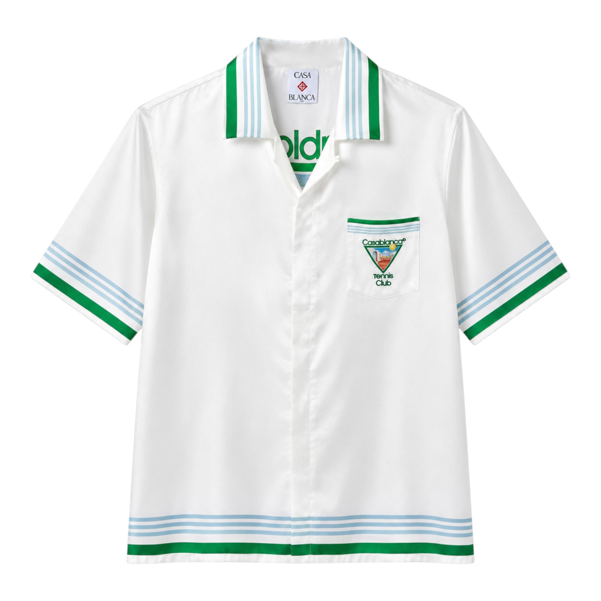 OFFCODE.USA Casablanca Tennis Club silk shirt with green and blue striped collar and cuffs.
