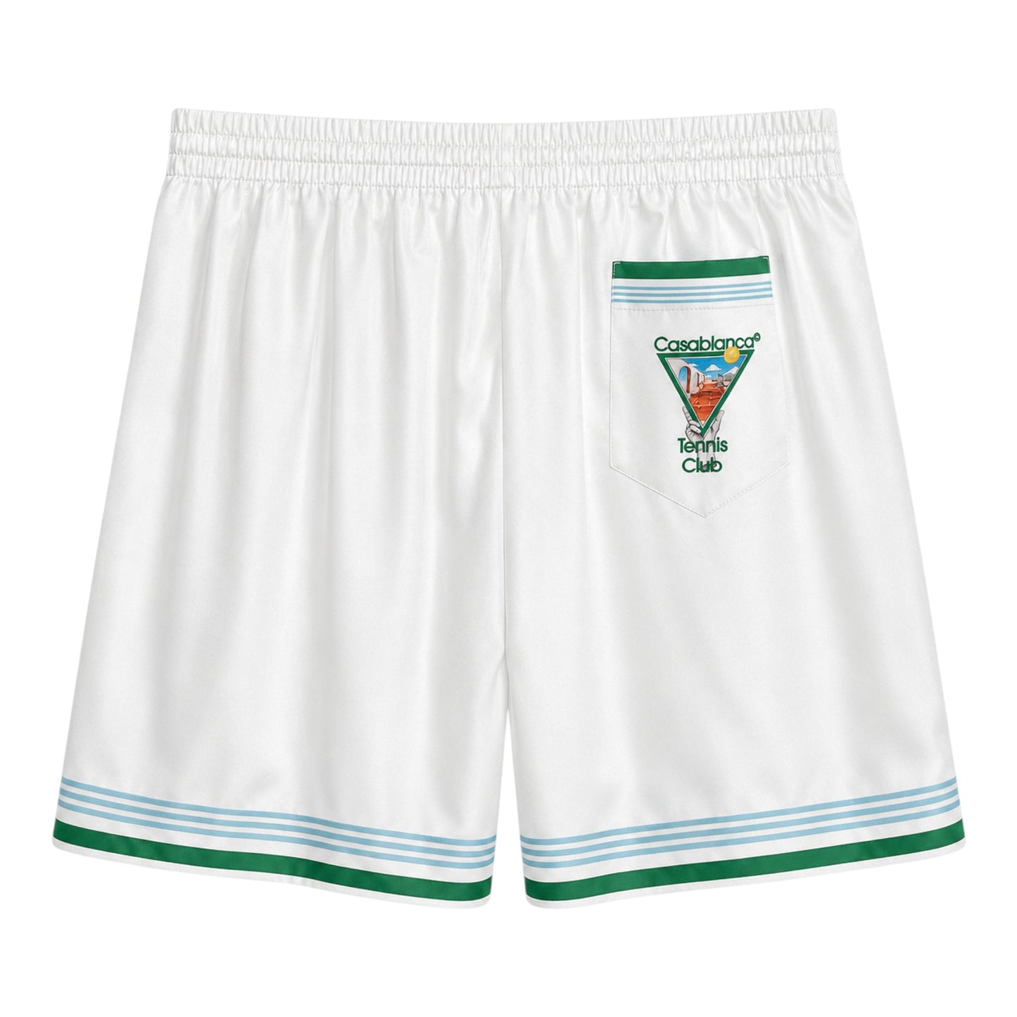 OFFCODE.USA white silk shorts with green and blue striped trim and a Casablanca Tennis Club embroidered pocket.