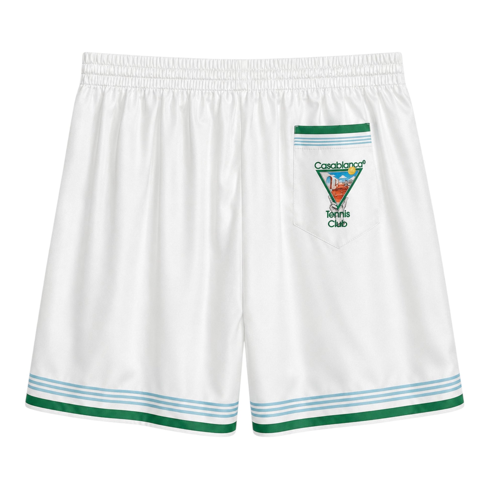 OFFCODE.USA white silk shorts with green and blue striped trim and a Casablanca Tennis Club embroidered pocket.