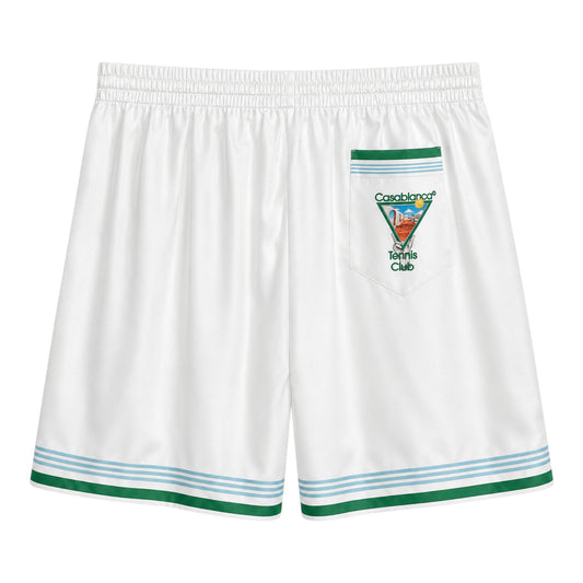 OFFCODE.USA white silk shorts with green and blue striped trim and a Casablanca Tennis Club embroidered pocket.