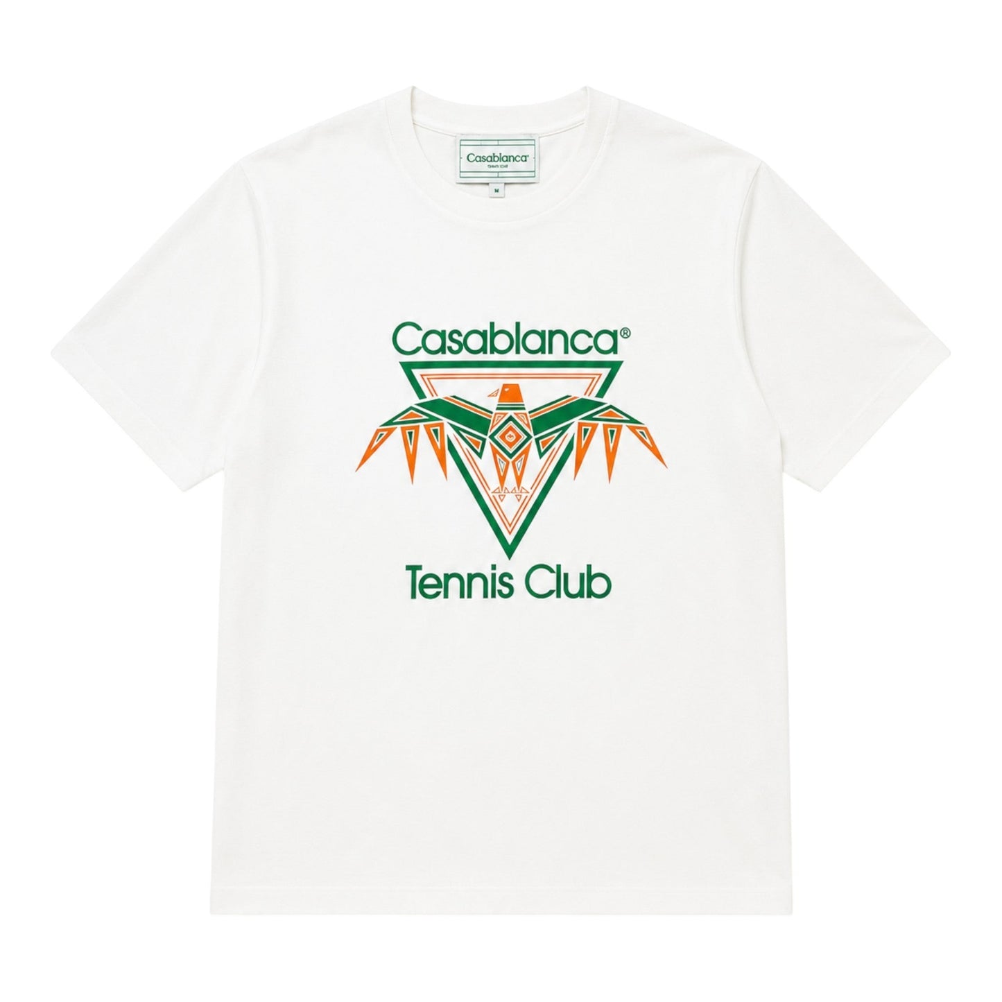 OFFCODE.USA white cotton t-shirt with green and orange Casablanca Tennis Club eagle graphic.