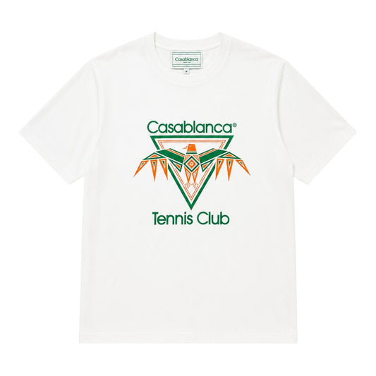 OFFCODE.USA white cotton t-shirt with green and orange Casablanca Tennis Club eagle graphic.