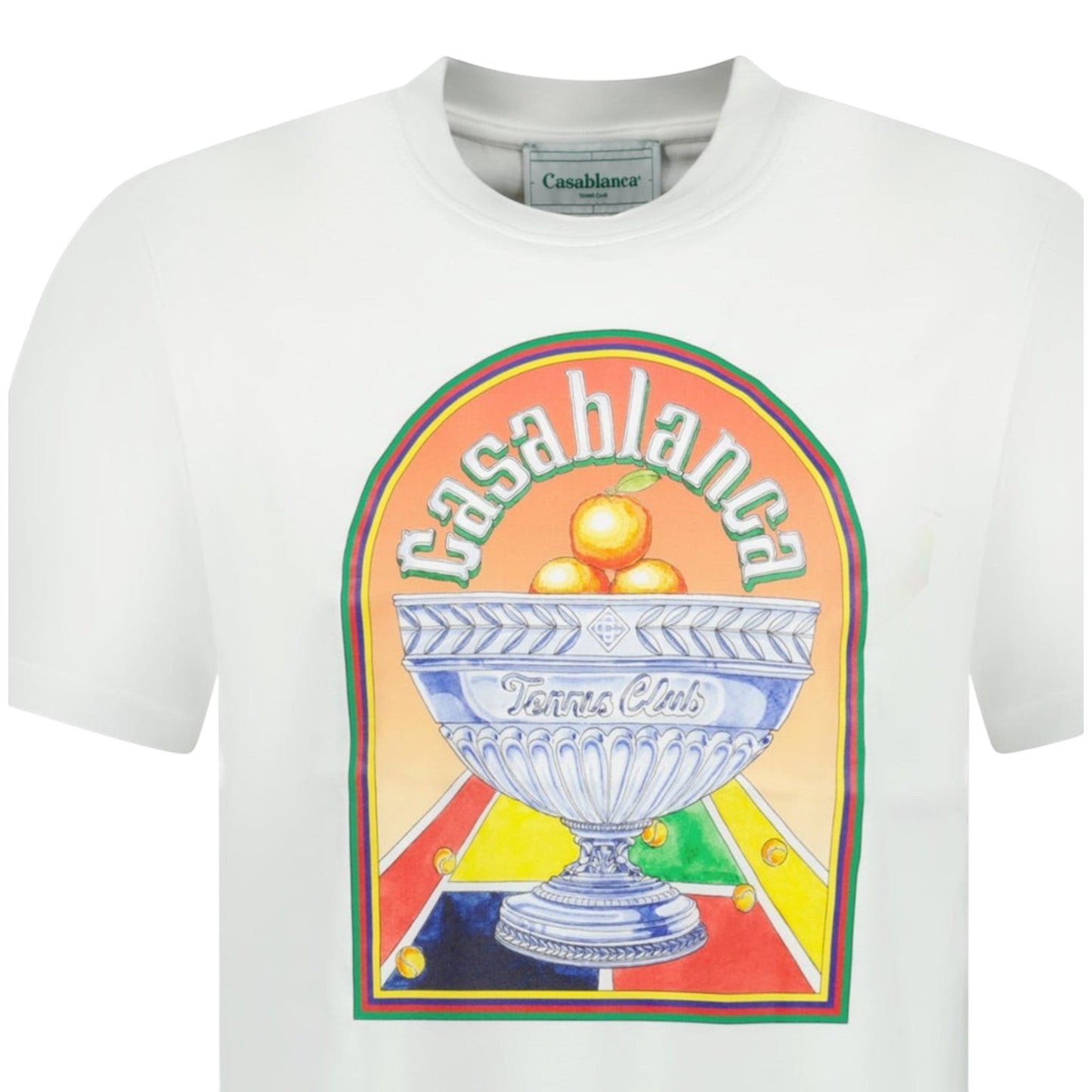 OFFCODE.USA Casablanca 'Terrain d'Orange' white cotton t-shirt with graphic print of oranges in a trophy bowl.