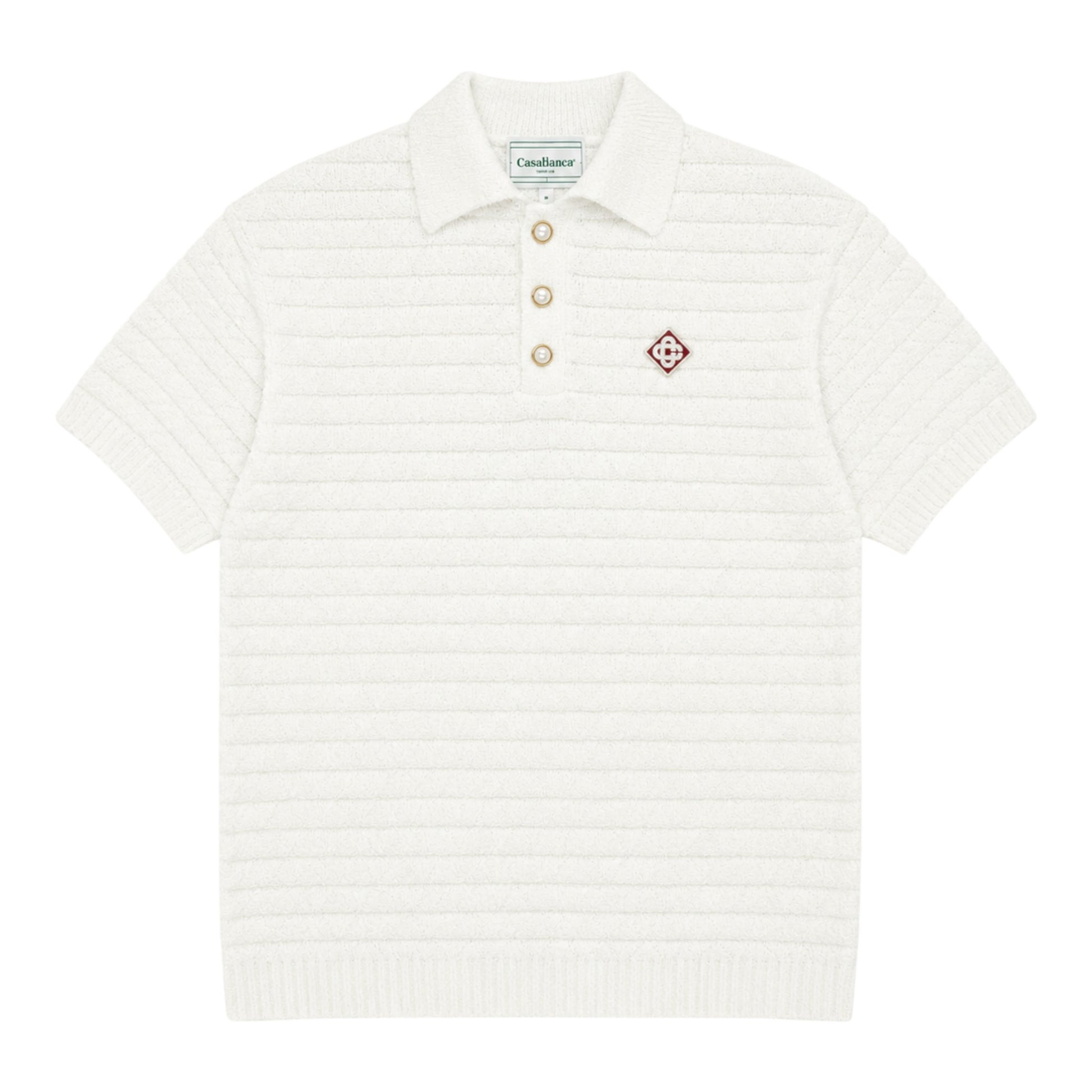 OFFCODE.USA Casablanca Textured Cotton-Bouclé Polo Shirt in cream with pearl buttons and embroidered logo.
