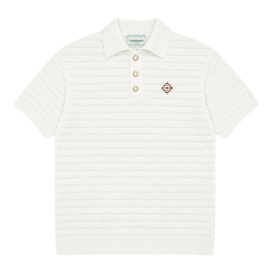 OFFCODE.USA Casablanca Textured Cotton-Bouclé Polo Shirt in cream with pearl buttons and embroidered logo.