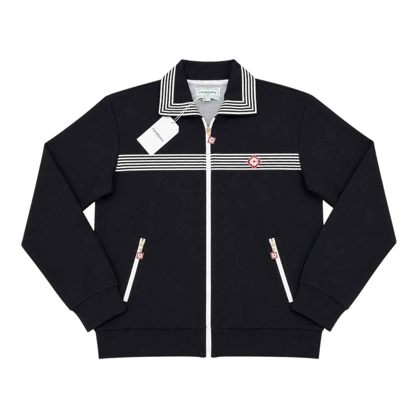 OFFCODE.USA Casablanca black track jacket with sailor collar, white stripes, and embroidered logo.