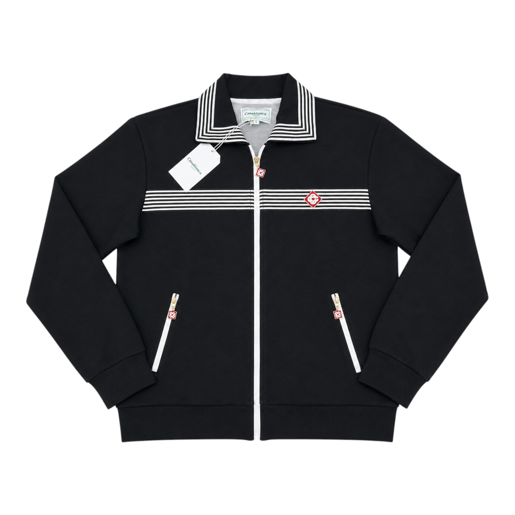 OFFCODE.USA Casablanca black track jacket with sailor collar, white stripes, and embroidered logo.
