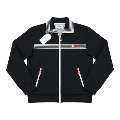OFFCODE.USA Casablanca black track jacket with sailor collar, white stripes, and embroidered logo.