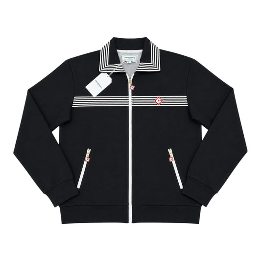 OFFCODE.USA Casablanca black track jacket with sailor collar, white stripes, and embroidered logo.