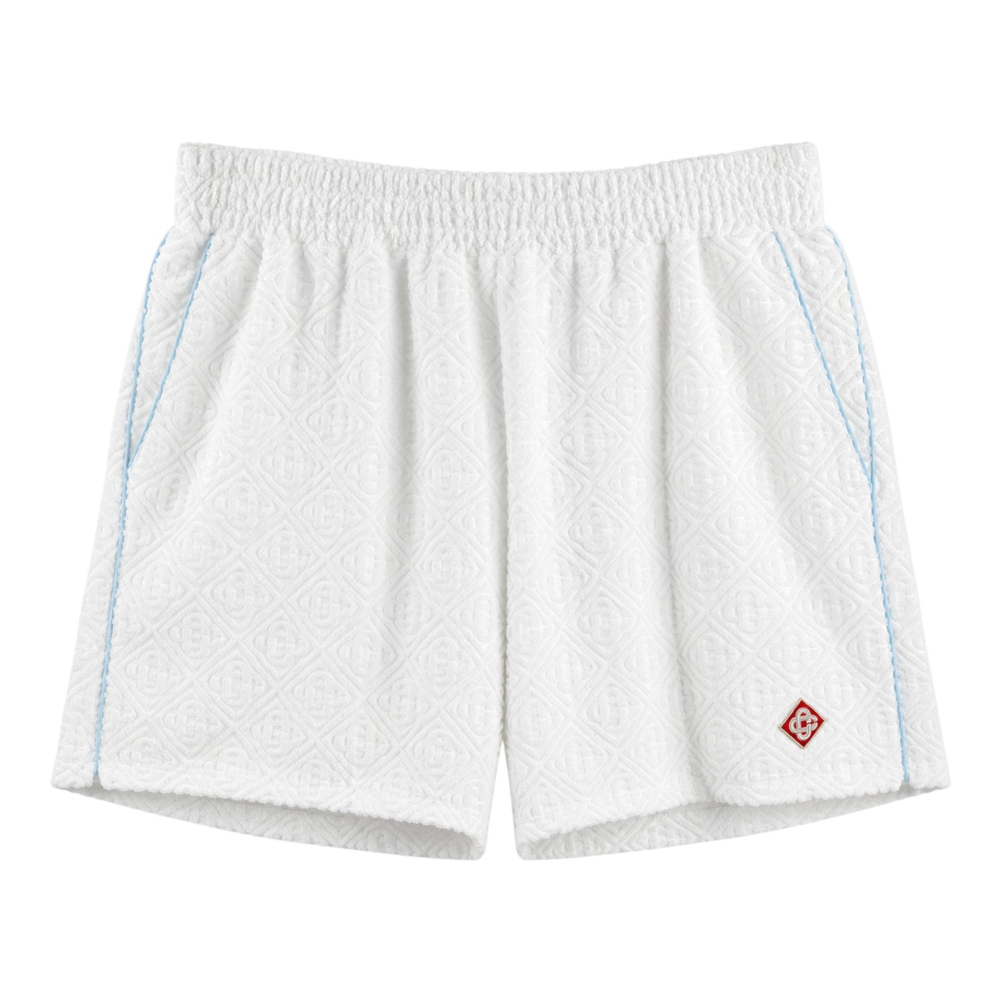 OFFCODE.USA Casablanca White Towelling Monogram Shorts with blue piping and embroidered logo.