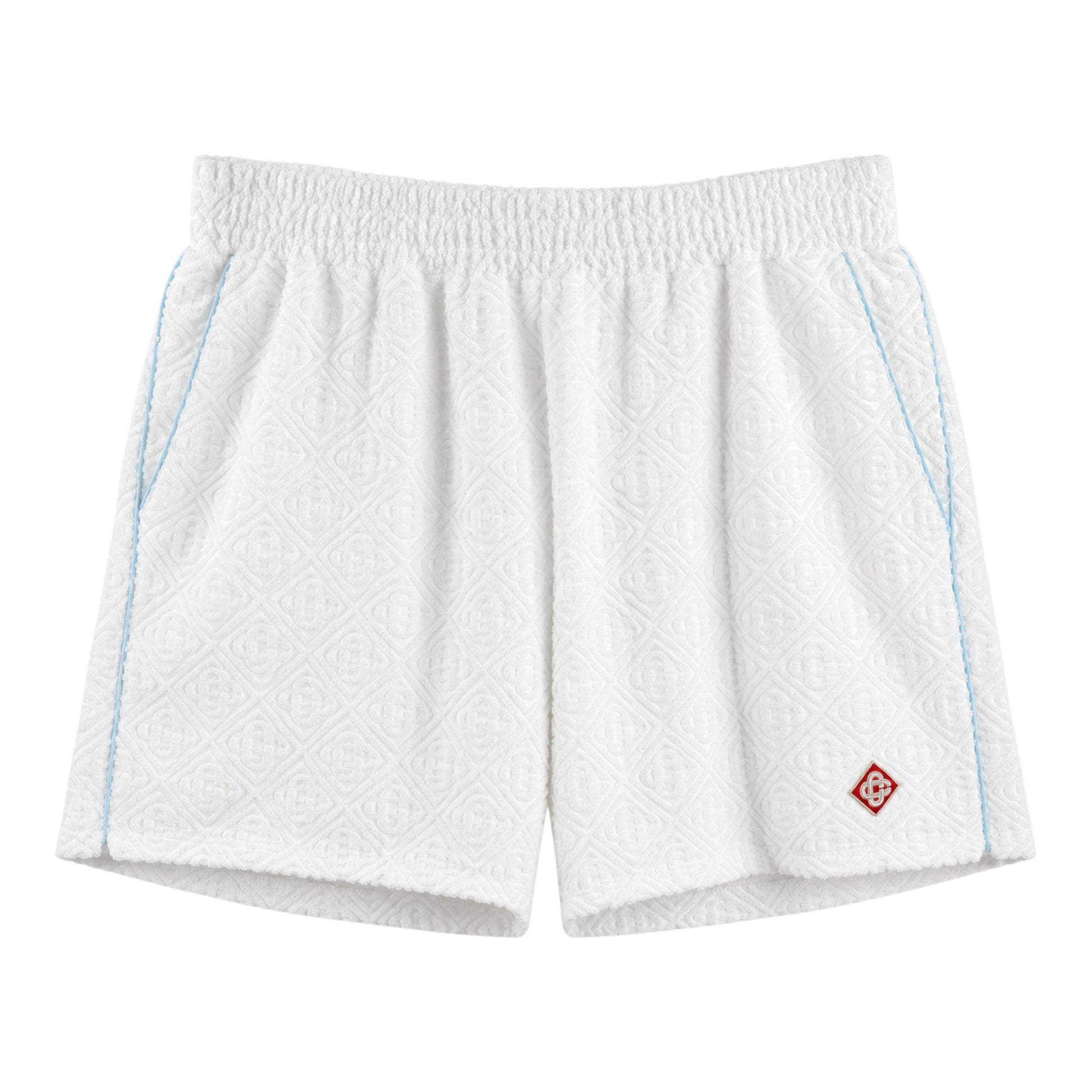 OFFCODE.USA Casablanca White Towelling Monogram Shorts with blue piping and embroidered logo.