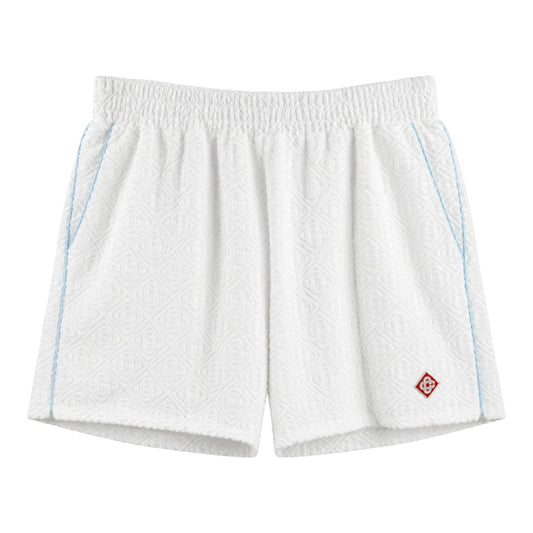 OFFCODE.USA Casablanca White Towelling Monogram Shorts with blue piping and embroidered logo.