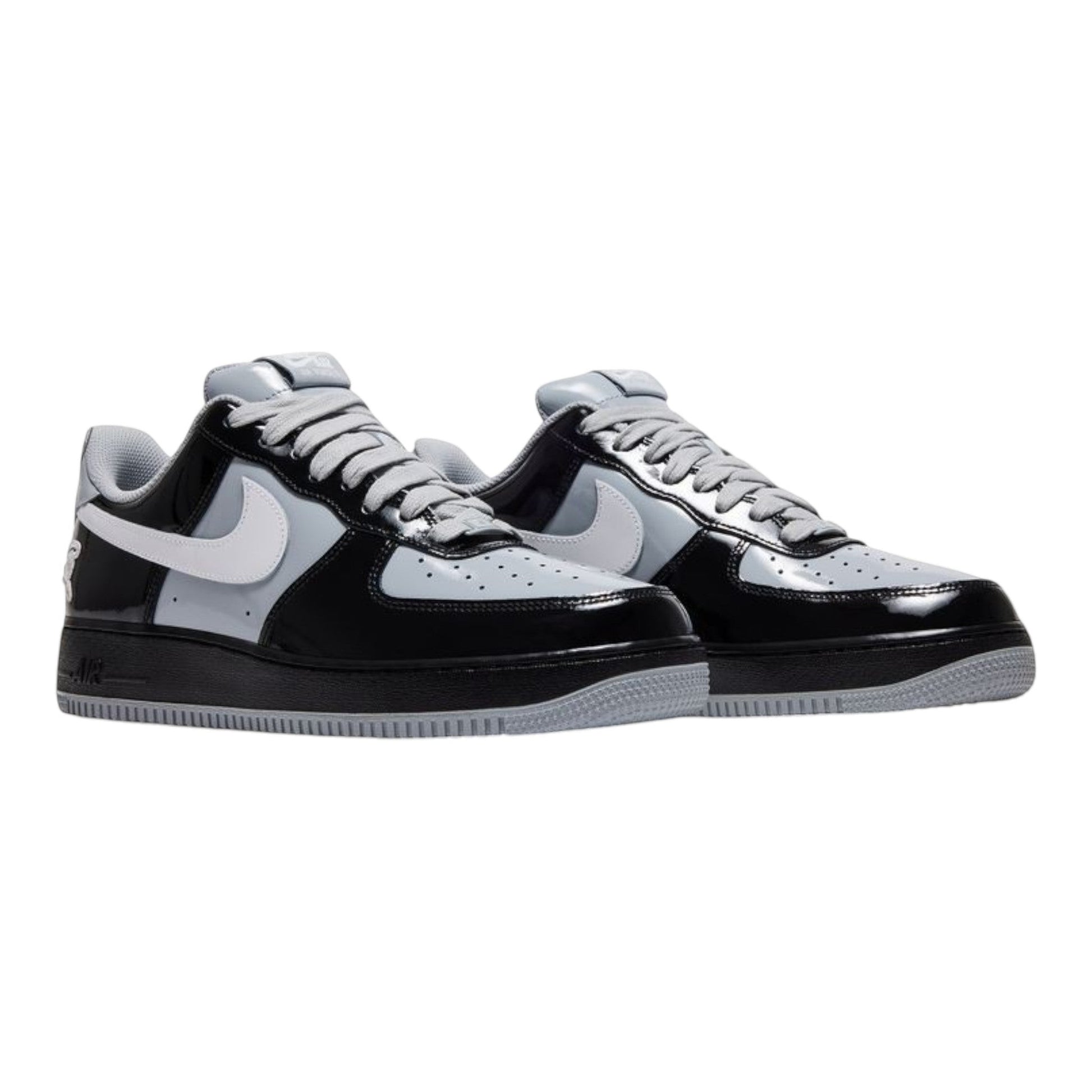 OFFCODE.USA Central Cee x Nike Air Force 1 Low 'Black White Smoke Grey' patent leather sneakers with white Swoosh and grey accents.