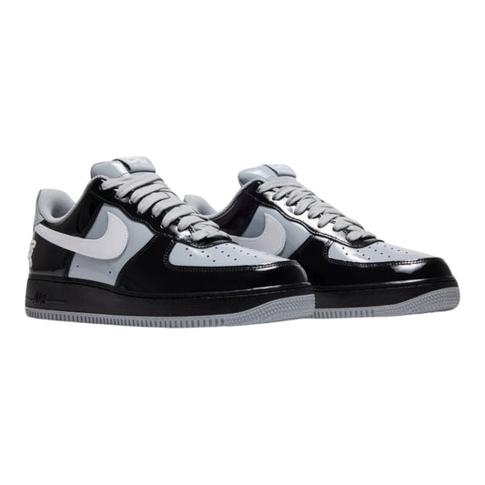 OFFCODE.USA Central Cee x Nike Air Force 1 Low 'Black White Smoke Grey' patent leather sneakers with white Swoosh and grey accents.