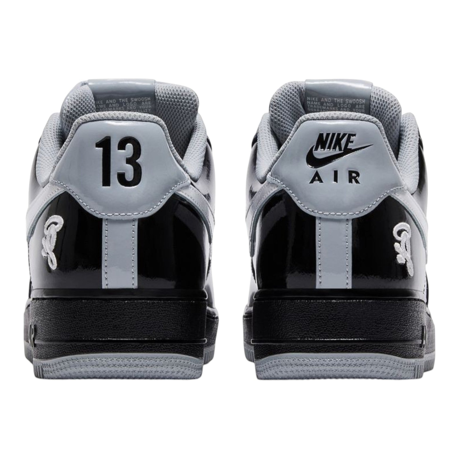 OFFCODE.USA Central Cee x Nike Air Force 1 Low 'Black White Smoke Grey' sneakers with patent leather, black overlays, and grey accents. Features '13' and Syna World logo.