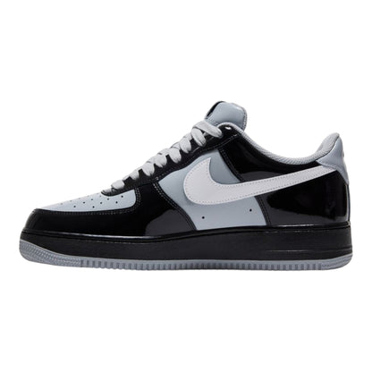 OFFCODE.USA Central Cee x Nike Air Force 1 Low 'Black White Smoke Grey' sneakers with patent leather overlays and white Swoosh.