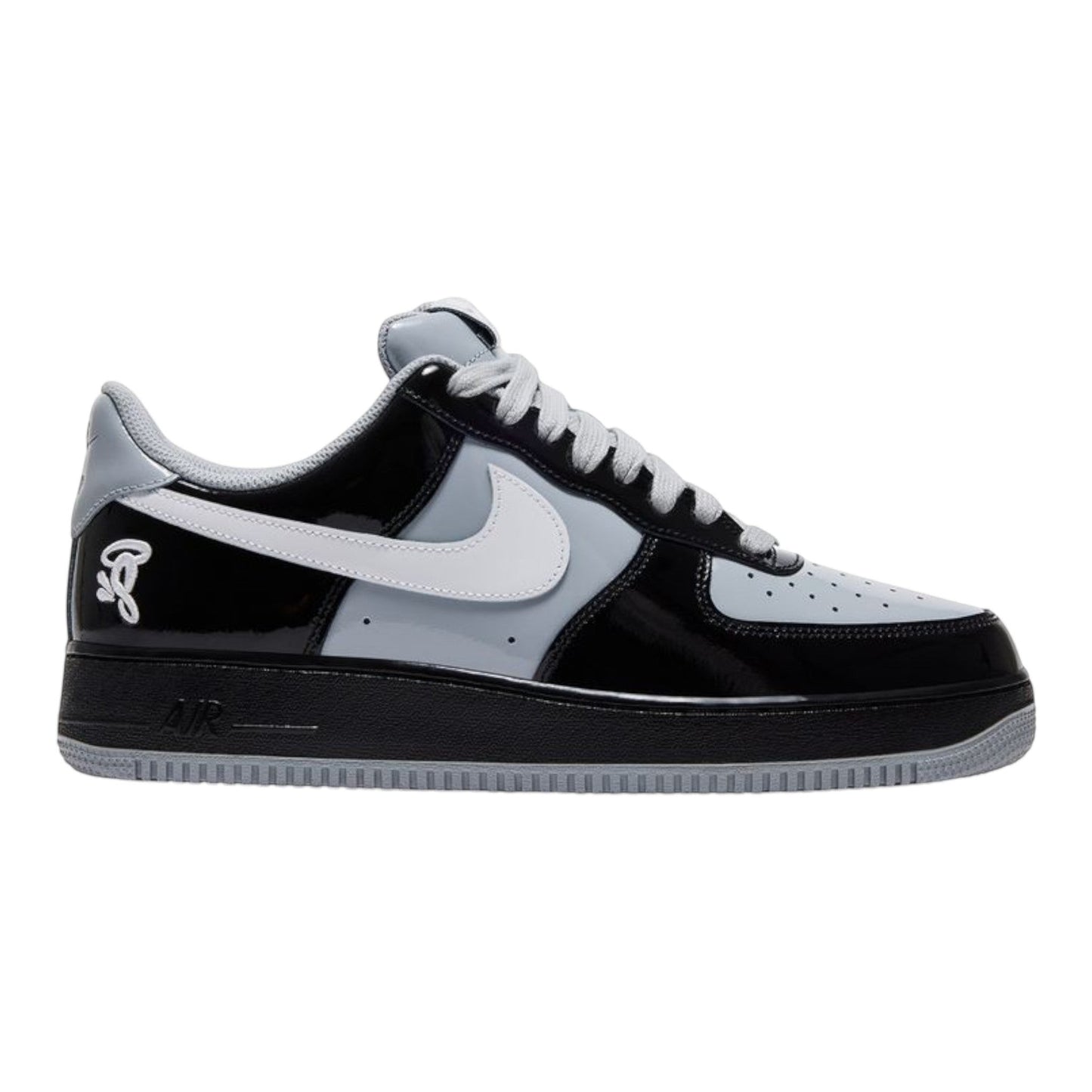 OFFCODE.USA Central Cee x Nike Air Force 1 Low 'Black White Smoke Grey' patent leather sneakers with white Swoosh and grey accents.